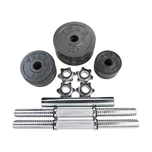 TELK – Adjustable Dumbbell Set 45lb (22.5lb x 2) + Chrome Barbell – Home Gym Weight Set with Baked Enamel Cast Iron Plates – Space-Saving Free Weights for Strength Training