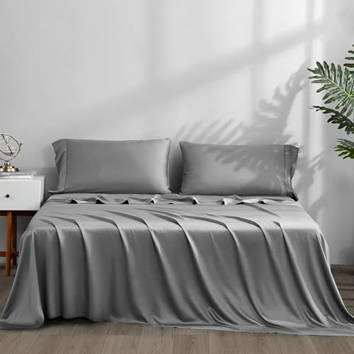 ACCURATEX Cooling Sheets Twin Size Grey - Viscose Made from Bamboo, Luxury Hotel Sheet Set for Twin Size Bed, Super Soft Breathable Bedding Sheets up to 16 inches Deep Pockect