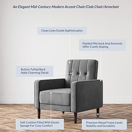 BELLEZE Accent Chairs for Living Room, Mid Century Modern Armchair Velvet Upholstered Comfy Side Chair Button Tufted Back Lounge Reading Chair for Bedroom - Valencia (Gray)