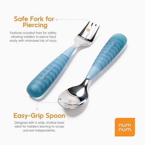 NumNum Toddler Utensils, Pre-Spoon, Fork & Spoon GOOtensils - 4th Stage Silverware Feeding Kids Aged 2+ Years w/Stainless Steel Heads - Silicone Food Feeding Supplies - Set of 2, Pacific Blue