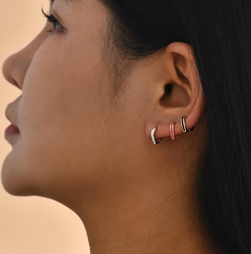 JINEAR 3 Pairs Heart Enamel Earrings for Women, 14K Gold Small Hoop Earrings Heart Enamel Earrings Dainty Heart Huggie Earring Gifts