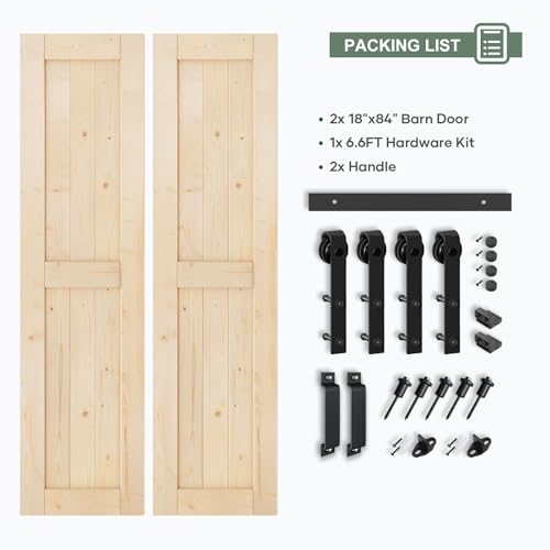 ROYMELO 36x84 inch (Double 18×84 inch Door) Sliding Barn Wood Door Slab with 6.6ft Hardware Kit, Requires Simple DIY Assembly