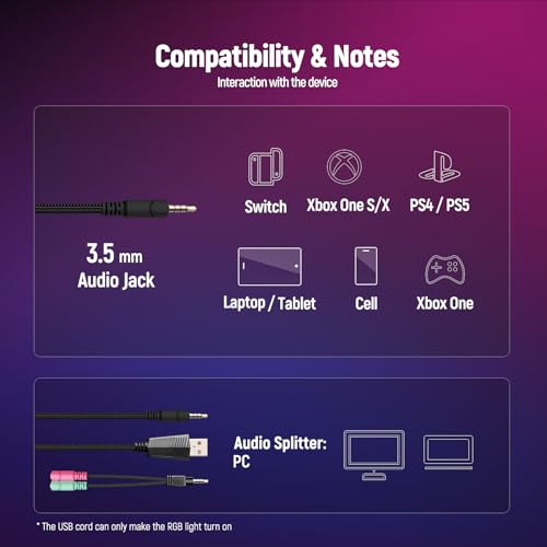 Ozeino Gaming Headset for Ps5, Ps4, PC with 7.1 Surround Sound, Gaming Headphones with Noise Cancelling Flexible Mic RGB Light Memory Earmuffs for Xbox Series X/S, PC, Mac, Laptop, Phone