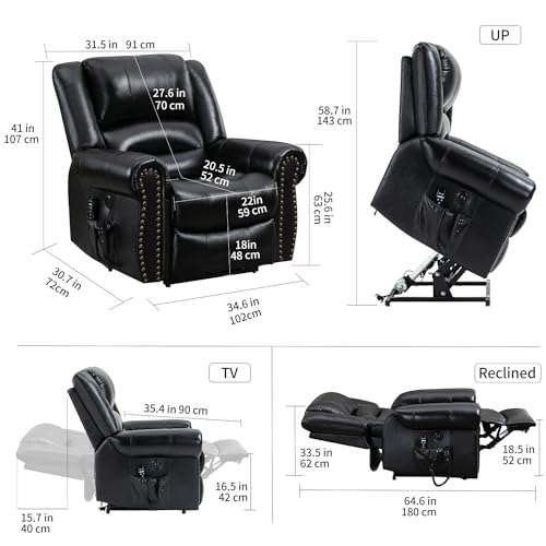 Trustyue Dual Motor Lift Chairs Recliners for Elderly, Lay Flat Electric Lift Chair with Massage and Heat, Infinite Position, Standing Assistance, USB Ports, Genuine Leather, Black