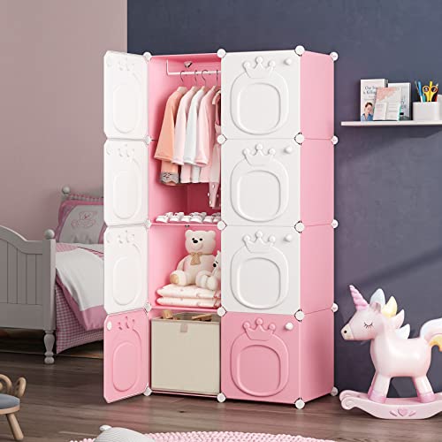 MAGINELS Kids Wardrobe Closet,Baby Closet Cabinet with Door.Baby Girls Closet Armoires Organizer for Bedroom.The Open Hanging Children Costume Area and 6 Cube Stroage.Pink(28x14x56inch)
