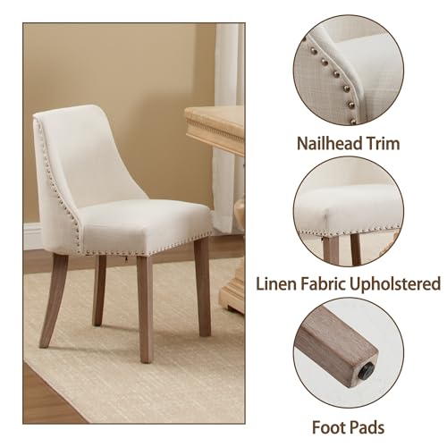 DM Furniture Mid Century Modern Dining Chairs Set of 2 Upholstered Linen Fabric Accent Chairs Wooden Side Chair for Living Room/Dining Room/Bedroom, Cream