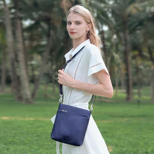 befen Small Navy Blue Genine Leather Crossbody Purses for Woman Travel Shoulder Bags with Multiple Zipper Pockets