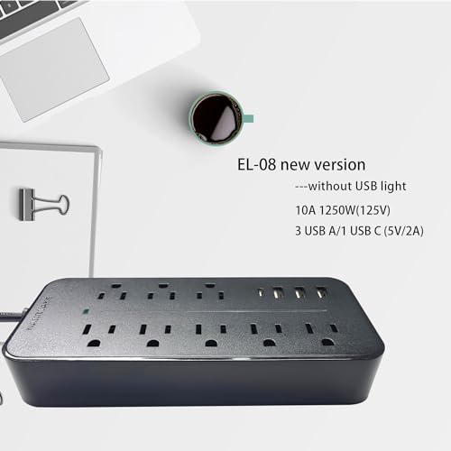 Nanolake Surge Protector Power Strip with USB Ports, Flat Plug Outlet Extender with Extension Cord 6 ft,8 AC outlets,1700 Joules,Mountable,Black (Without Night Light).
