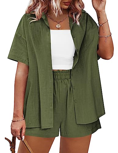 IN'VOLAND Women's Plus Size 2 Piece Outfits Summer Tracksuit Cotton Linen Shirt and Elastic Waist Shorts Summer Casual Tracksuits 18W