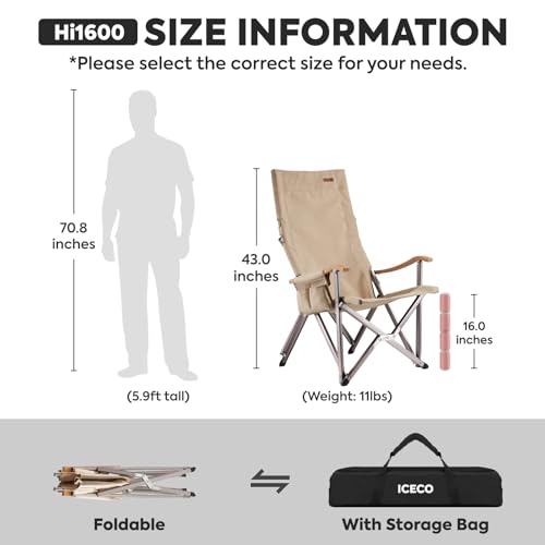 ICECO Hi1600 High Back Camping Chairs for Adults, Heavy Duty Folding Chair for Outside, Portable Outdoor Chairs with Storage Bag, Hold Up 600 LBS, 10 Years Warranty (Not Adjustable)