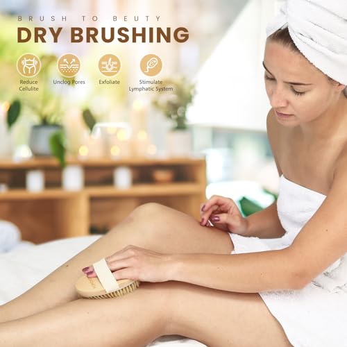 POPCHOSE Dry Brushing Body Brush, Natural Bristle Dry Skin Exfoliating Brush Body Scrub for Flawless Skin, Cellulite Treatment, Lymphatic Drainage and Blood Circulation Improvement