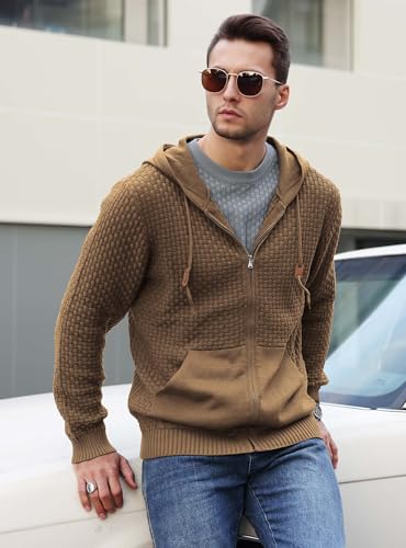 Zaitun Men's Full Zip Up Hooded Cardigan Sweater with Pockets Brown