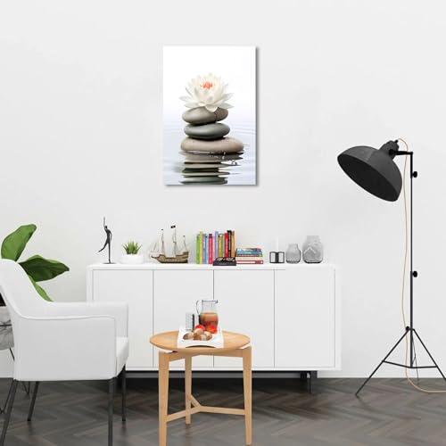 QIXIANG White Lotus Flower Canvas Wall Art Zen Stone Lotus Reflected on the Water Picture Prints for Serene Home Zen Enthusiasts Home Framed(Lotus-A,12.00" x 18.00")