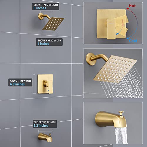 Esnbia Shower Tub Kit, Tub and Shower Faucet Set(Valve Included) with 6-Inch Rain Shower Head and Tub Spout, Single-Handle Tub and Shower Trim Kit,Brushed Gold