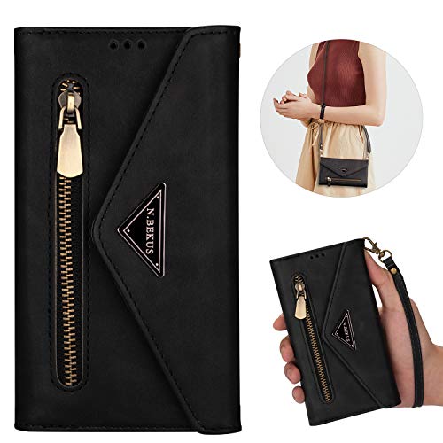 Furiet Wallet Case for Samsung Galaxy S20 5G 6.2 inch Leather Flip Zipper Purse Handbag with Credit Card Holder Shoulder Strap and Wrist Strap Lanyard Phone Cover for S 20 20S UW S2O G5 Women Black