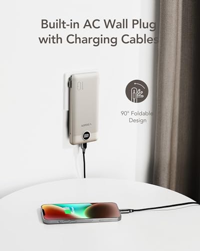 VEGER Portable Charger for iPhone with Built in Cables and Wall Plug, 10000mah Slim Fast Charging USB C Power Bank, Travel Essential Battery Pack Compatible with iPhone, iPad, Samsung etc(Coffee)