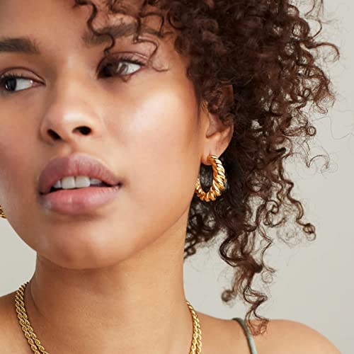 14K Gold Plated Croissant Earrings Twisted Round Hoop Earrings Chunky Hoop Earrings 925 Sterling Silver Post Earrings Huggies with CZ for Women and Gift for Her