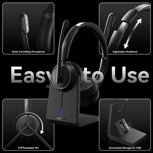 LEVN Wireless Headset, Bluetooth Headset with Noise Canceling Microphone & Charging Base, 65 Hrs Working Time 2.4G Headset with Microphone for PC/Laptop/Computer/Remote Work/Call Center/Zoom