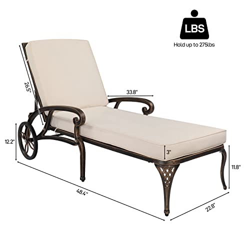 VINGLI Cast Aluminum Outdoor Chaise Lounge Chair with Wheels, Patio Chaise Lounge with 3-Position Adjustable Backrest, Outdoor Tanning Chair Patio Lounge Chaires (Bronze, with Cushion)