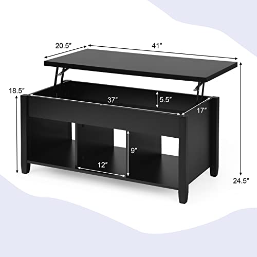Tangkula Wood Lift Top Modern Coffee Table w/Hidden Compartment and Open Storage Shelf for Living Room Office Reception Room (Black)