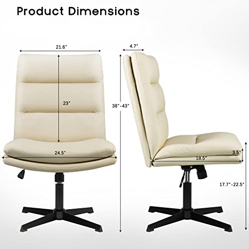 PUKAMI Criss Cross Chair,Comfy Cross Legged Office Desk Chair No Wheels,Cute Makeup Vanity Chair,Fabric Modern Swivel Height Adjustable Mid Back Wide Seat Computer Task Chair for Home Office(Beige)