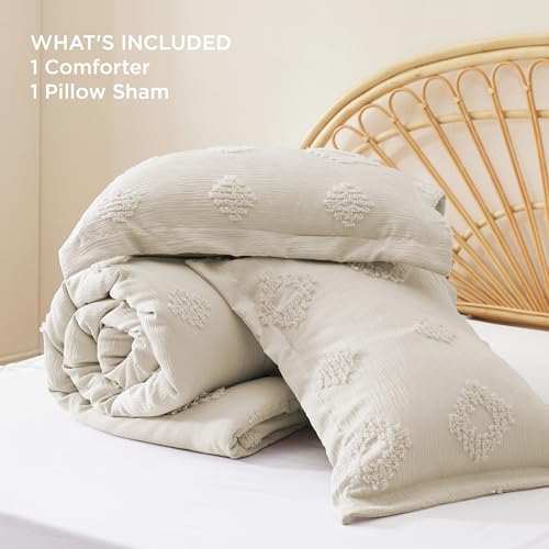 Bedsure Twin/Twin XL Comforter Set White, Boho Bedding Comforter Set, Tufted Farmhouse Bed Set, 2 Pieces, 1 Shabby Chic Fluffy Comforter and 1 Pillow Sham,with Jacquard Diamond Pattern