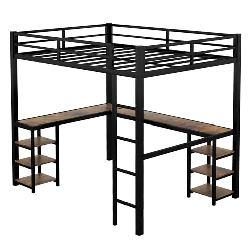 Full Size Loft Bed with Desk and Storage Shelves, Heavy Duty Metal Loft Bed with L-Shaped Desk and Ladder, Full Size Loft Bed for Kids, Teens, Black Loft Bed Full Size