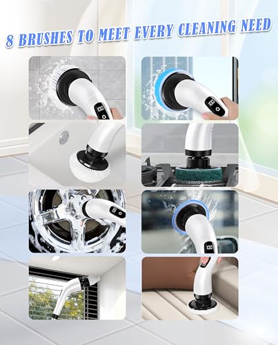 Wevenad Electric Spin Scrubber,Shower Scrubber IPX7 Waterproof with 8 Replaceable Brush Heads and Adjustable Removable Extension Handle,3 Adjustable Speeds,Suitable for Bathtub Tile Floor (White)