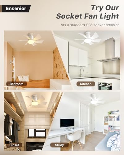 Ensenior 16.5 Inch Socket Fan Light with Remote, Dimmable Light Socket Ceiling Fan, 3000K-6000K 3 Speeds, 1200LM Screw in Ceiling Fan with Light Bulb for Bedroom, Kitchen, Living Room-1 Pack