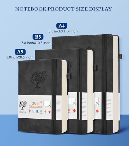 PERCUN A4 Lined Journal Notebook,365 Page Large Leather Journals for Writing Women Men,Hardcover Notebook with 100Gsm Thick Pages for Travel,Work,School,College Ruled, Daily Diary (8.5" x 11.4")
