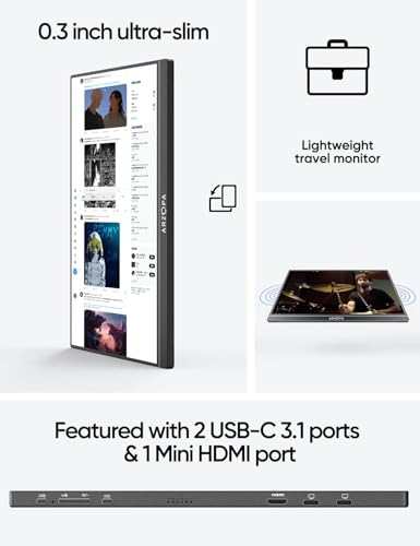 ARZOPA Portable Monitor, 15.6'' 1080P FHD Laptop Monitor USB C HDMI Computer Display HDR Eye Care External Screen w/Smart Cover for Mac Phone Xbox Switch PS5-S1 Table