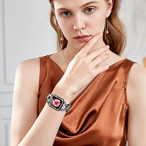 Mesime Compatible with Apple Watch Band 38mm 40mm 41mm 42mm 44mm 45mm , Women Girl Bling Diamond Jewelry Metal Strap Bands with Crystal Tempered Glass Screen Protector Case, Round Shiny Bracelet