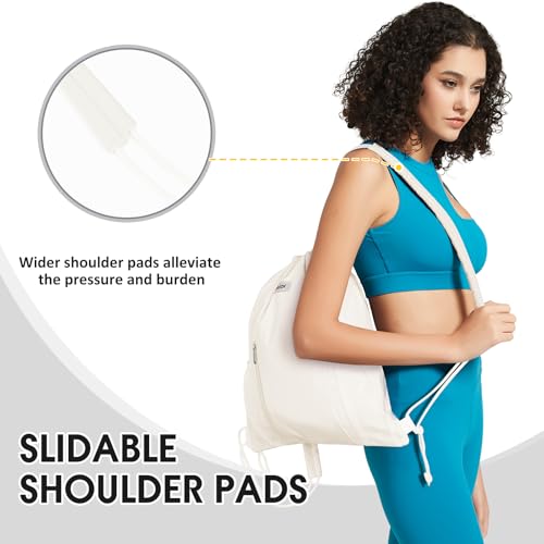 WANDF Drawstring Backpack with Shoulder Pad Sports Gym Backpack with Mesh Pocket String Bag for Women Men (Beige)