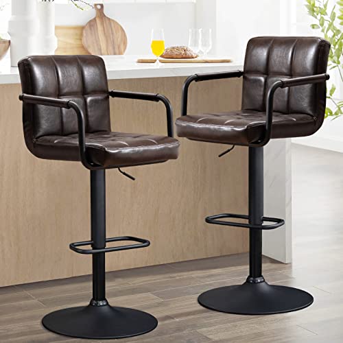 Furnimart 30" Faux Leather Upholstered Bar Stool, Adjustable Counter Stools Bar Chairs Modern Design Swivel Barstools Hydraulic Stools for Kitchen and Dining Room Set of 2 (Leather-BlackBrown)
