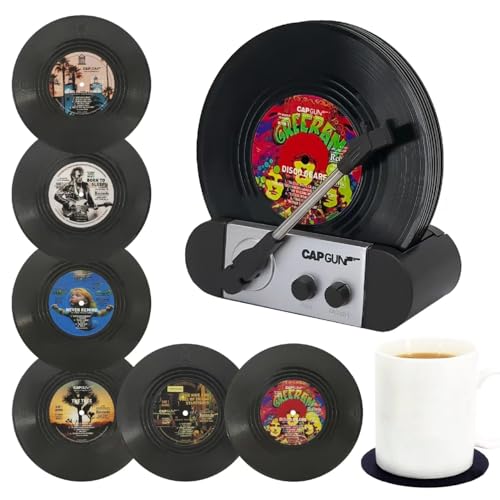 Funny Retro Vinyl Record Coasters, Creative Drink Coasters Set of 6 with Vinyl Record Player Holder for Music Lovers, Housewarming Hostess Gifts, Birthday and White Elephant Gifts Ideas