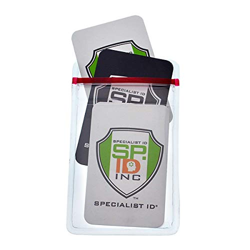 5 Pack - Heavy Duty Vertical Resealable Vinyl Badge Holders for Employee or Student ID - Clear Water Resistant with Red Seal Holds Multiple Cards - Secure Sleeves for Badges by Specialist ID
