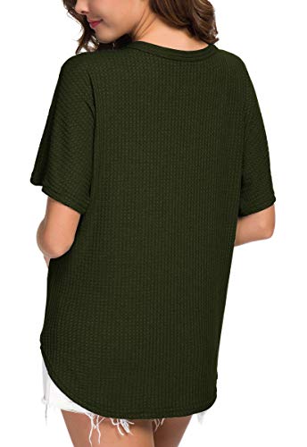 IWOLLENCE Womens Waffle Knit Tunic Blouse Tie Knot Short Sleeve Henley Tops Loose Fitting Bat Wing Shirts White, L