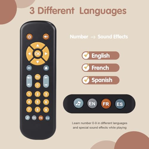Nueplay Baby TV Remote Control Toy with Light and Sound, Toddler Realistic Controller with 3 Languages, Early Educational Learning Musical Toys, Preschool Infant Boys Girls 6, 12, 18 Months, Black