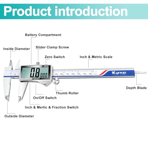 Kynup Digital Caliper, Caliper Measuring Tool with Large LCD Screen, Micrometer Caliper, Stainless Steel, Screen Splash Proof, Easy Switch from Inch Metric Fraction (6 Inch)