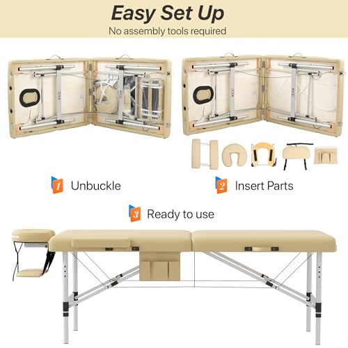 KCC Memory Foam Portable Massage Table, Foldable Tattoo Table Lash Bed Height Adjustable,28 Inchs Wide Home Salon Spa Bed Accessories &Carrying Case,Easy Set Up,Lightweight Aluminium Leg,Beige