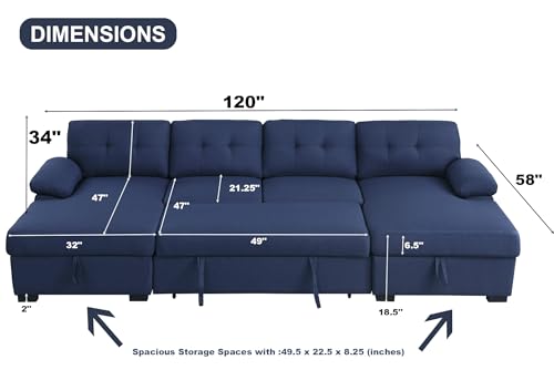 asunflower Sleeper Sectionals with Storage U Shaped Sectional Couches for Living Room Apartment, 4 Seat Pull-Out Sleeper with Dual Storage Chaise,Navy Blue Sofa Bed Couch