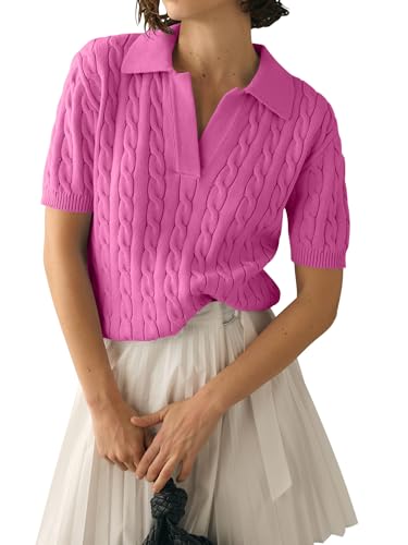 Womens Short Sleeve Sweater Tops Cable Knit Casual Summer V Neck Polo Shirts(Black, Small)