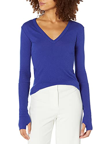Enza Costa womens Cashmere Long Sleeve Cuffed V-neck Top With Thumbhole T Shirt, Baltic, X-Small US