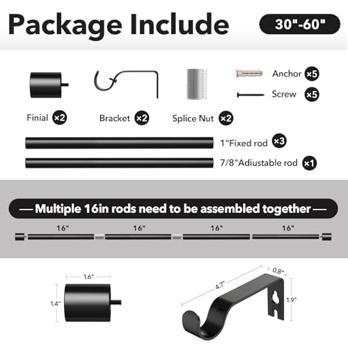 IFELS Heavy Duty Curtain Rods for Windows 28 to 48 Inch, 1 Inch Black Curtain Rods for Outdoor, Farmhouse, Bedroom, Kitchen, Living Room, Adjustable Easy Install Drapery Rod (A2,Black,30"-60")