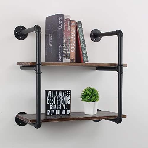 MBQQ Industrial Retro Pipe Shelf 24in 2 Tier Wall Mounted,Rustic Floating Shelves,Farmhouse Kitchen Bar Shelving,Home Decor Book Shelves,DIY Bookshelf Hanging Wall Shelves,Black