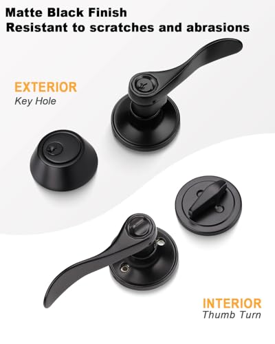 1Pack Exterior Door Lever Lockset with Single Cylinder Deadbolt Black Door Handle with Deadbolt Lock Set Keyed Alike, Matte Black Finished