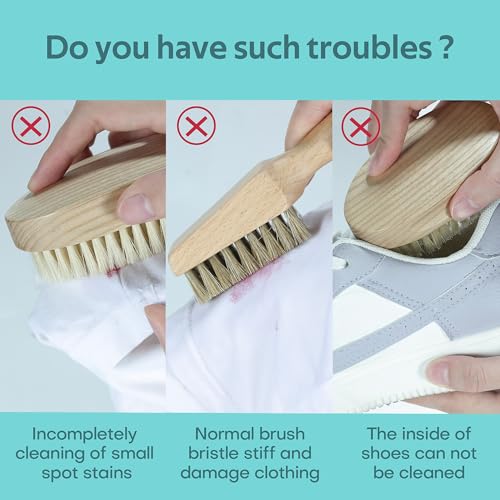 BFWood Laundry Stain Brush, Large Natural Soft Boar Bristle for Scrubbing Out Tough Stains on Delicate Fabrics, Knits, Cotton, Linens, No Damage
