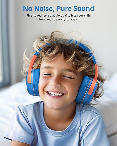 ELECDER Kids Headphones, S8 Wired Headphones for Kids with Microphone for Boys Girls, Adjustable 85dB/94dB Volume Limited, 3.5 mm Jack for School/Kindle/Smartphones/Tablet/Airplane Travel(Blue/Red)