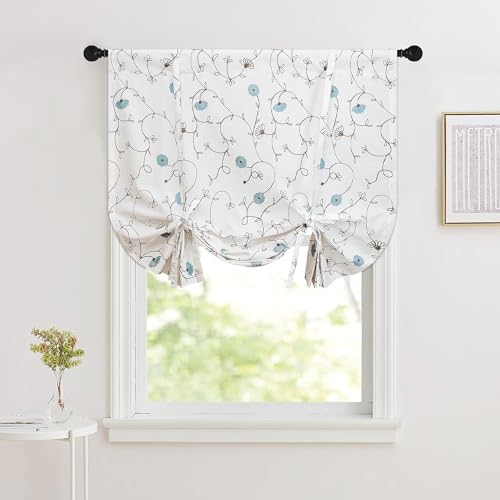 VOGOL Linen Textured Window Shade, Country Style Tie Up Flower Embroidered Drapes & Curtains, 1 Panel Light Filtering Solid Treatment for Nursery Cafe, W45 x L63, Rod Pocket