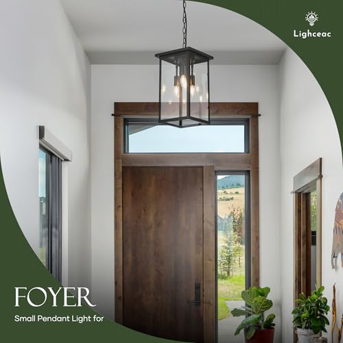 lighceac 10" Modern 4-Light Exterior Black Square Lantern Pendant Light Fixture with Clear Glass Industrial Hanging Cage Chandelier for Outdoor Porch Kitchen Island Dining Room Hallway Entryway Foyer